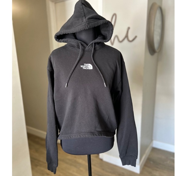 The North Face Womens Black Cropped Hoodie Sweatshirt Logo Size Medium - Picture 2 of 8